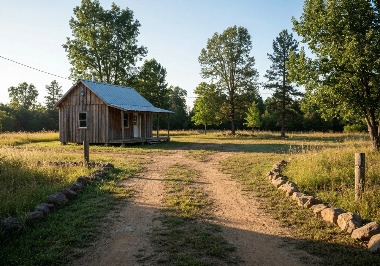 Sunlit cabin and cleared rural land with an off-grid feel at the edge of a forest.