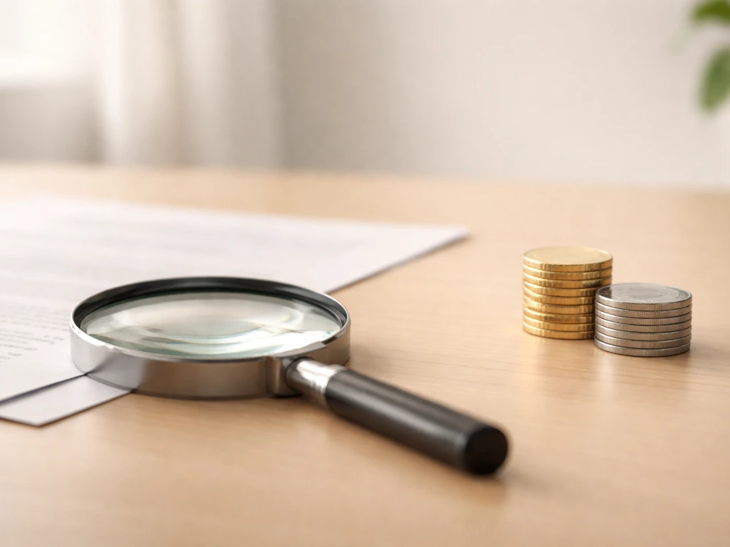 Magnifying glass over blank paper beside a simple assets vs liabilities coin icon, no readable text.