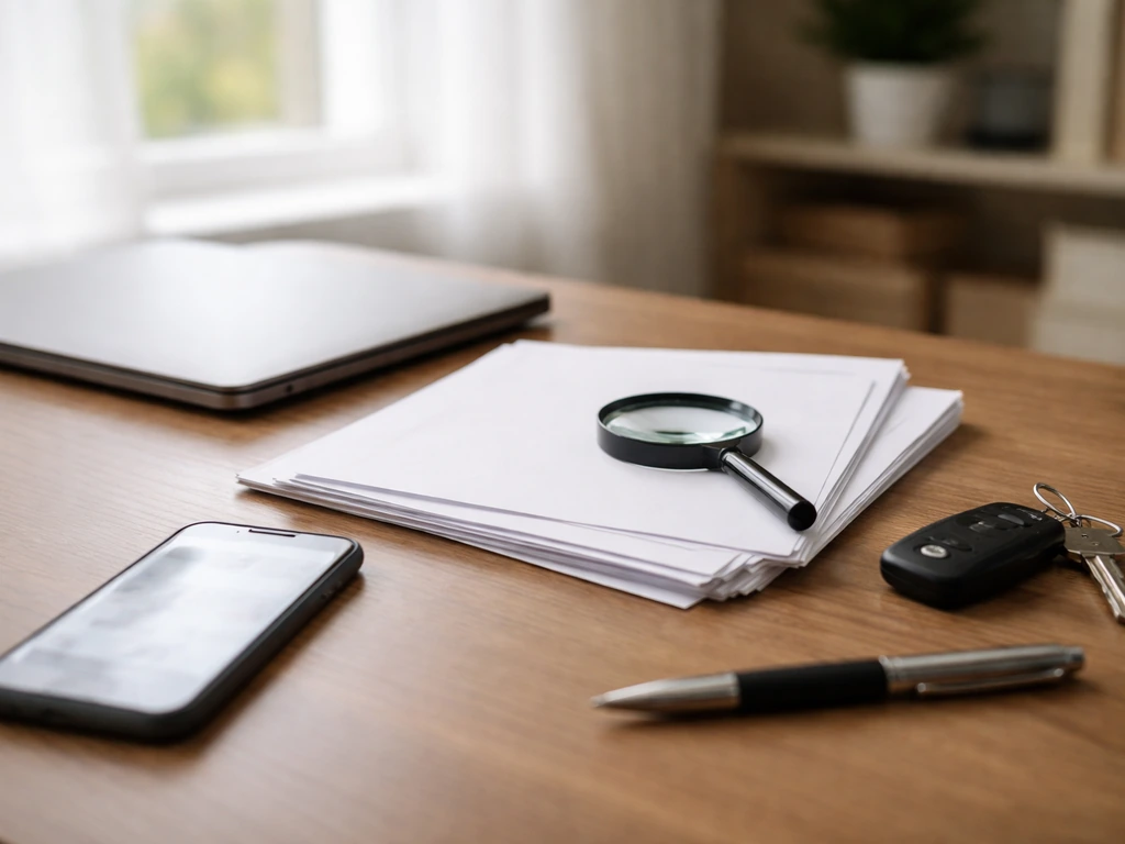 Desk scene with laptop, blank documents, magnifying glass, and phone—symbolizing public-record verification steps.