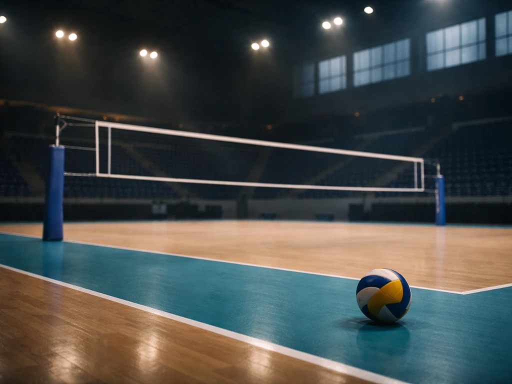 Empty volleyball arena with court lighting and a focused financial atmosphere