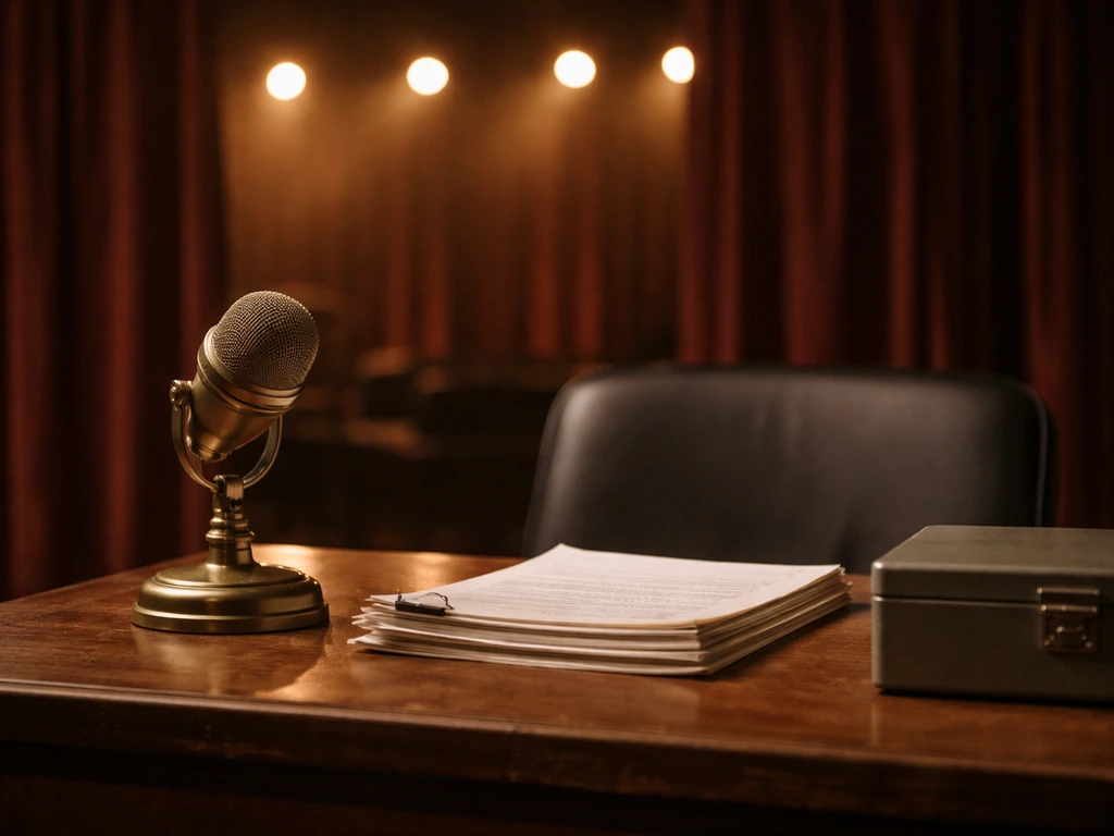 Minimal photo of a theatre director workspace with warm stage lights and a subtle wealth theme