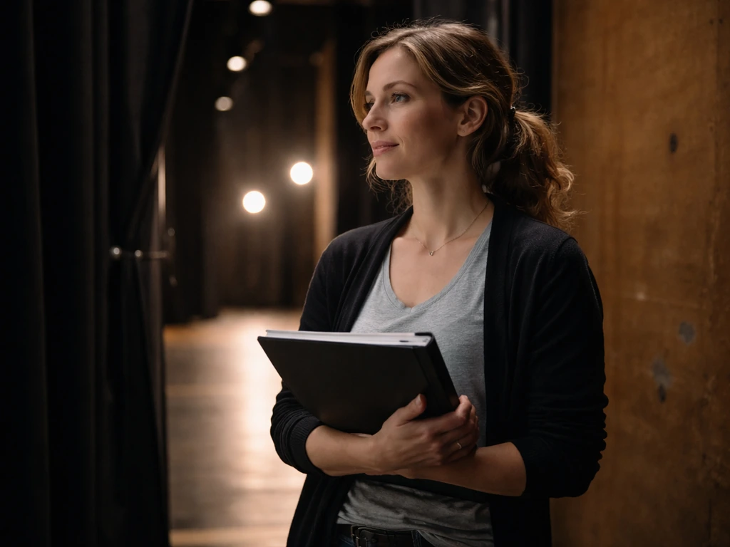 Anonymous actress holds a script in a quiet backstage theatre with soft stage lights in the distance.