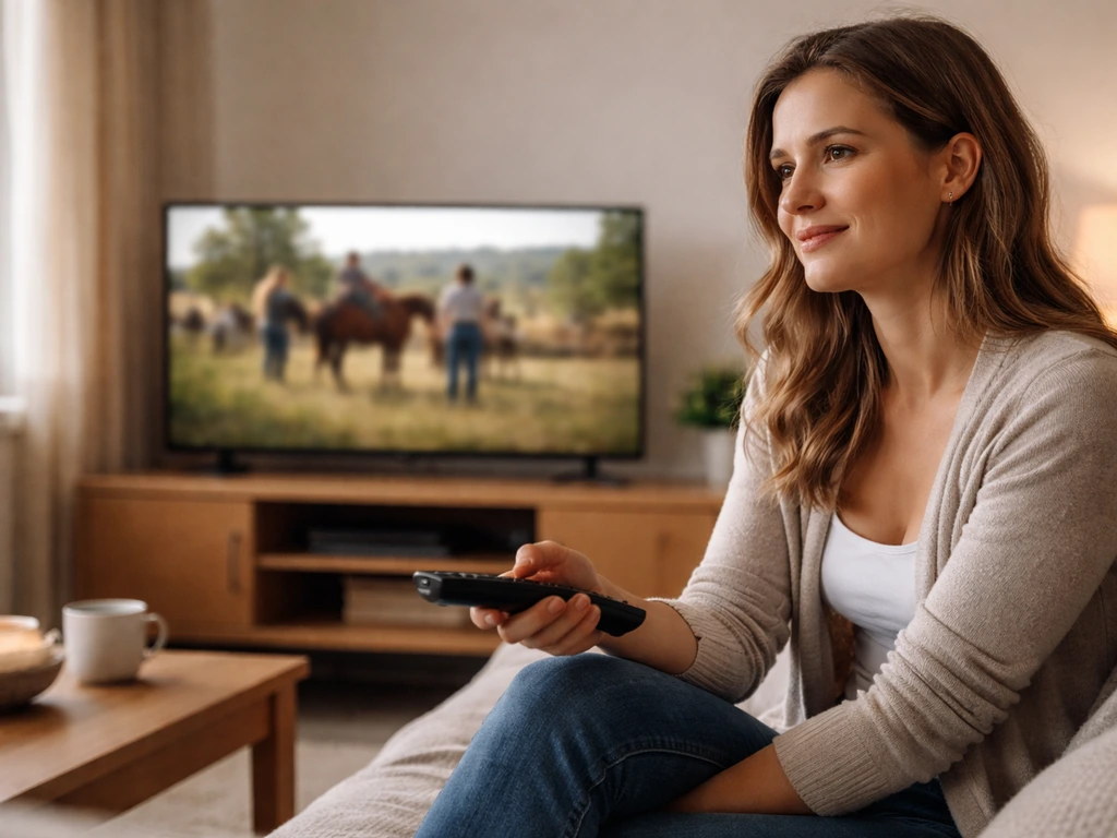 Adult woman in a Canadian living room watches a ranch TV drama on a television set.