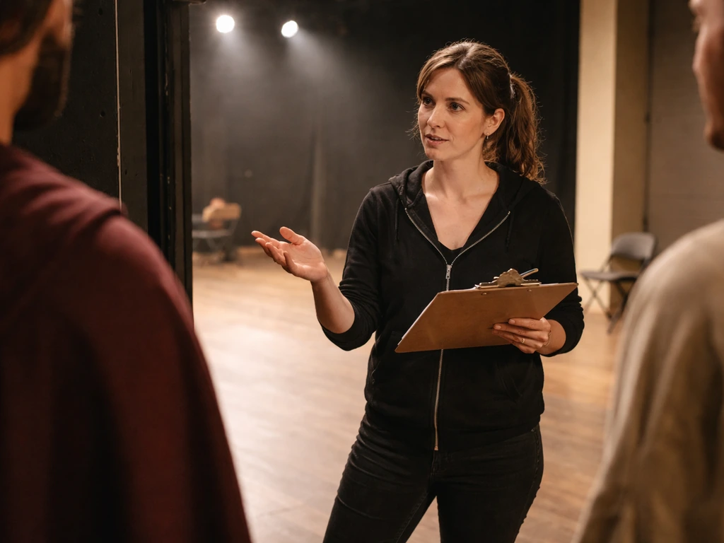Backstage rehearsal in a small theatre as an anonymous director gestures toward performers under stage lights.