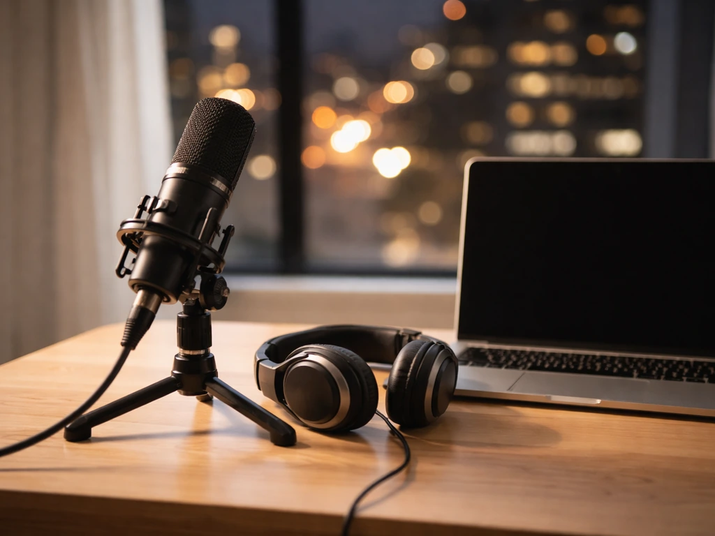 Close-up of a studio microphone on a desk with soft city lights, symbolizing media earnings and net worth analysis.