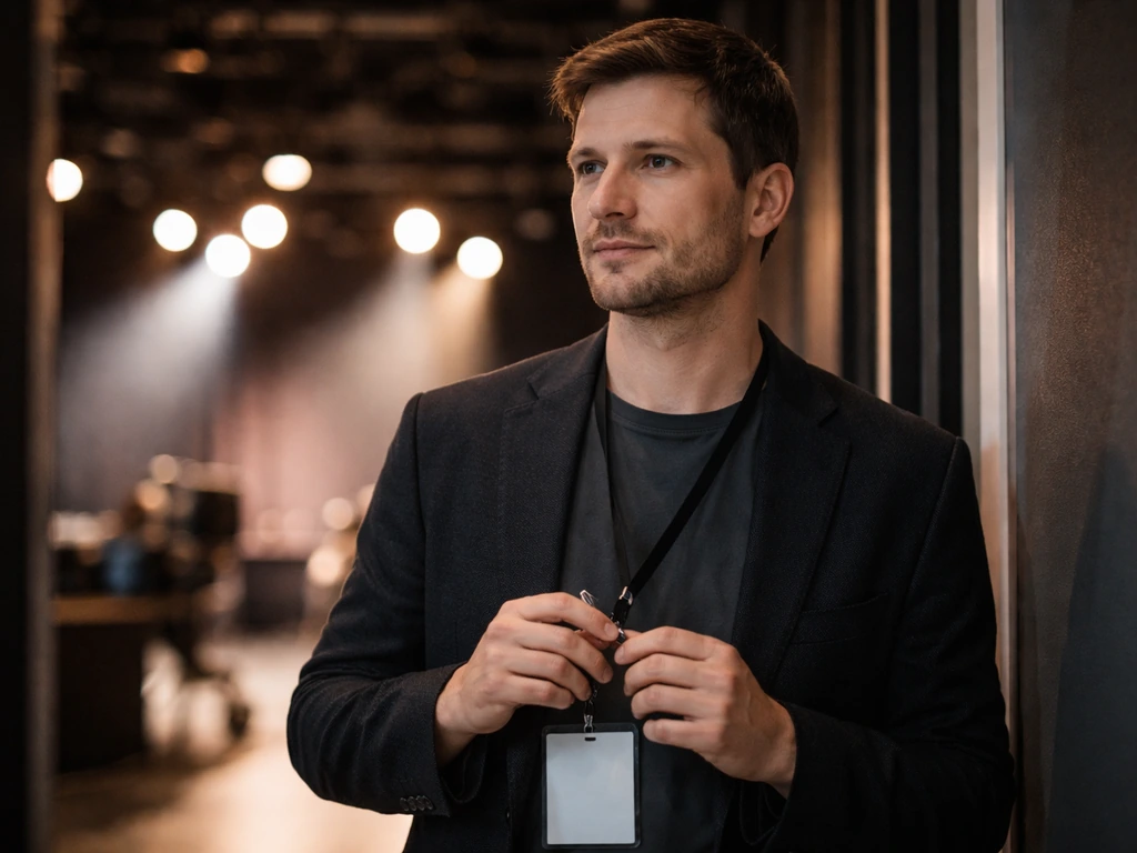 American man in casual attire at a TV studio event with lighting rigs in the background