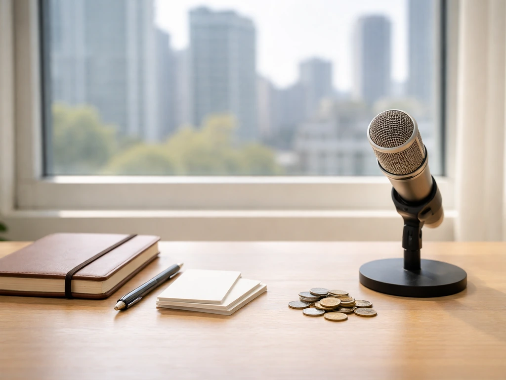 Minimal photo of an office desk with a notepad, audio microphone, and scattered coins symbolizing career earnings over t