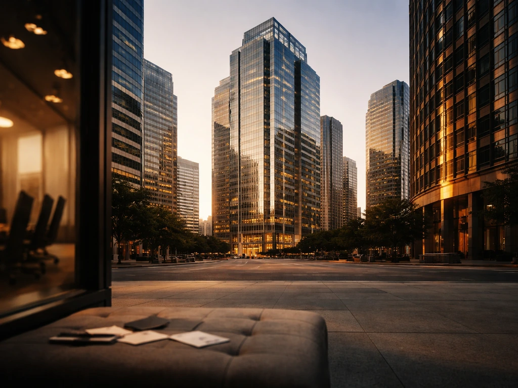 Golden-hour skyline with a central modern office tower and subtle wealth-themed lobby details.