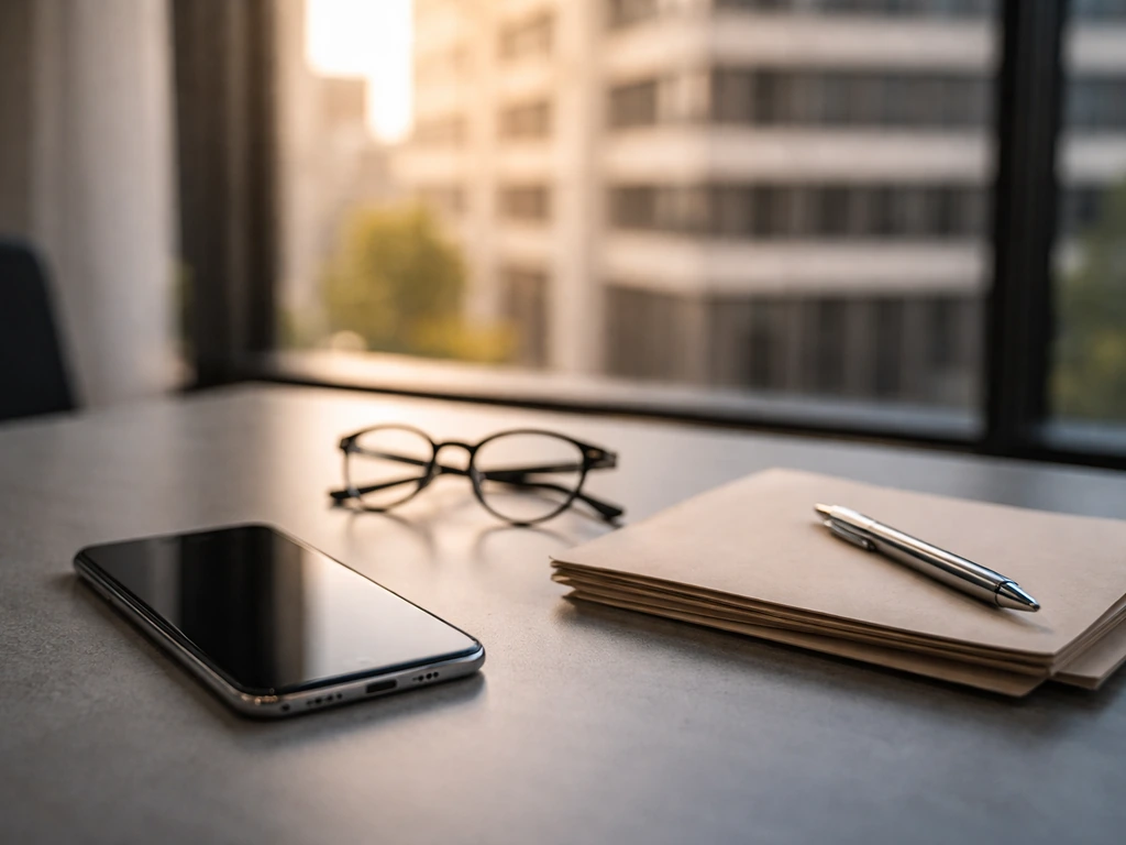 Minimal office desk scene with finance research tools and blurred corporate building in the background.