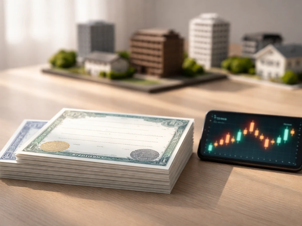 Minimal tabletop photo showing blank stock/REIT certificates, a trading-screen glow, and abstract real-estate models.