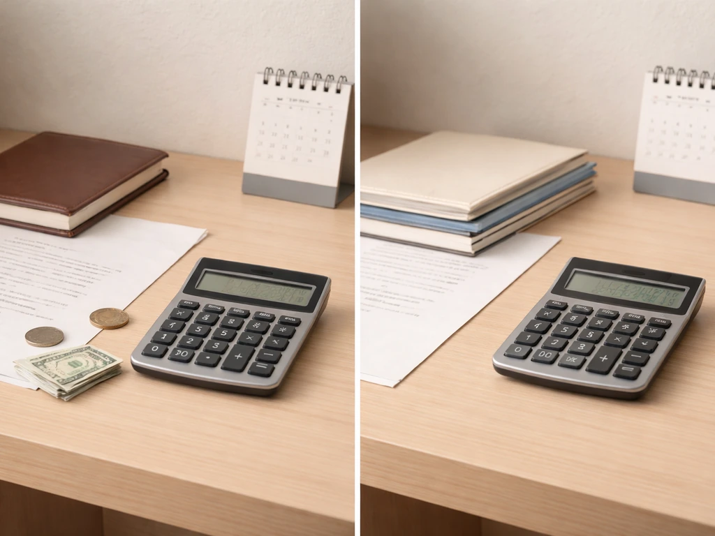 Minimal split-screen style desk scene showing different financial valuations with anonymous documents and a flickering c