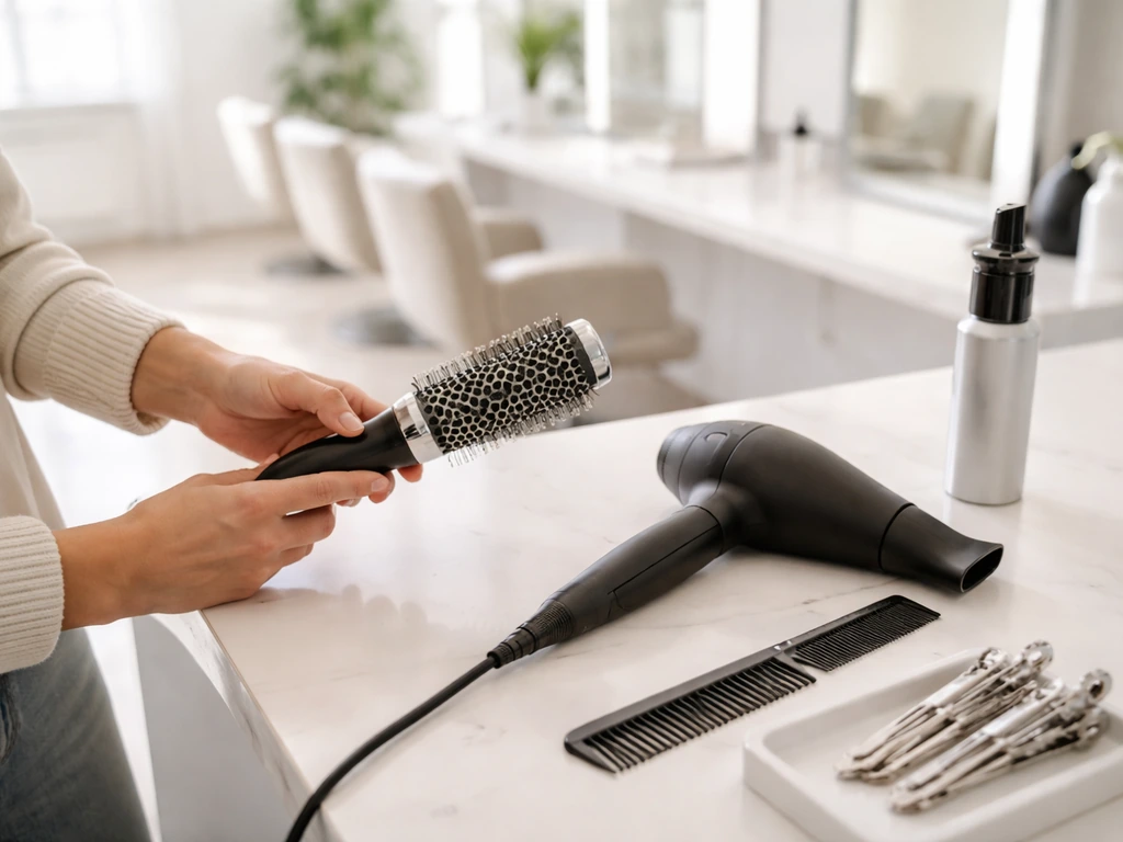 A hairstyling entrepreneur’s workspace with a blow-dry brush, hair tools, and a sunlit salon backdrop.