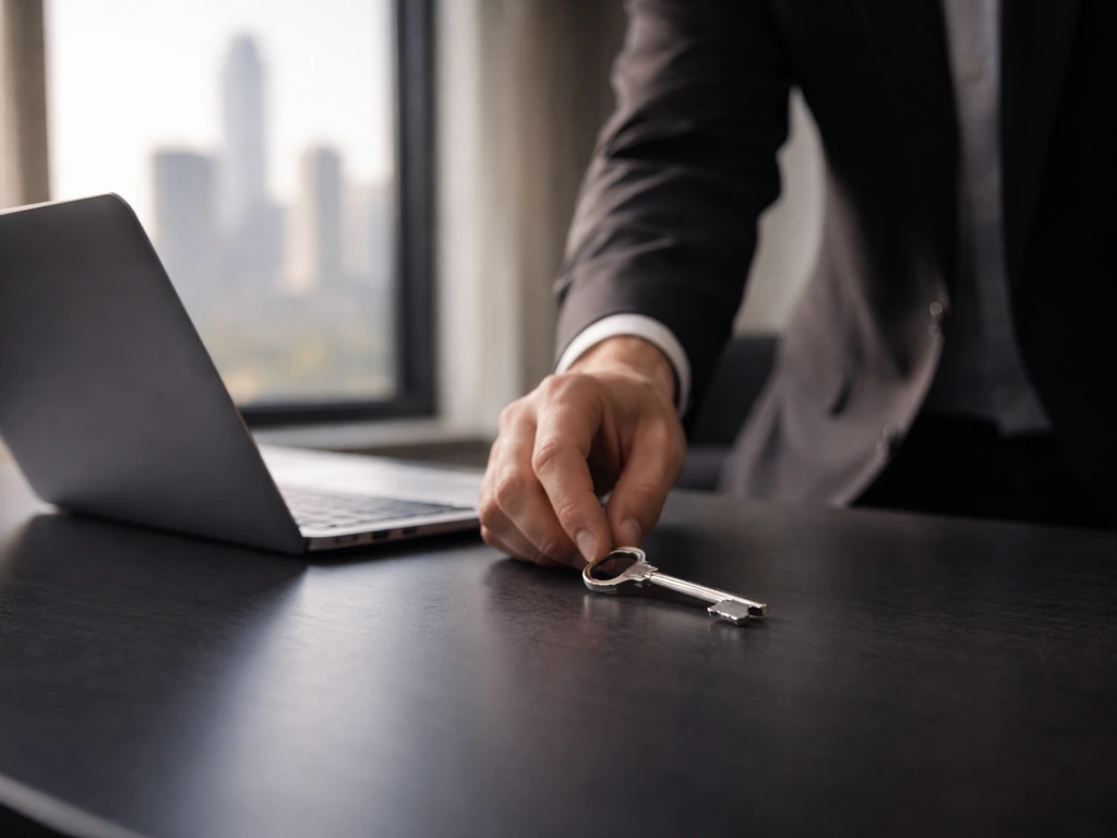 Anonymous hands placing a small key beside an open laptop near a window with a blurred city skyline.