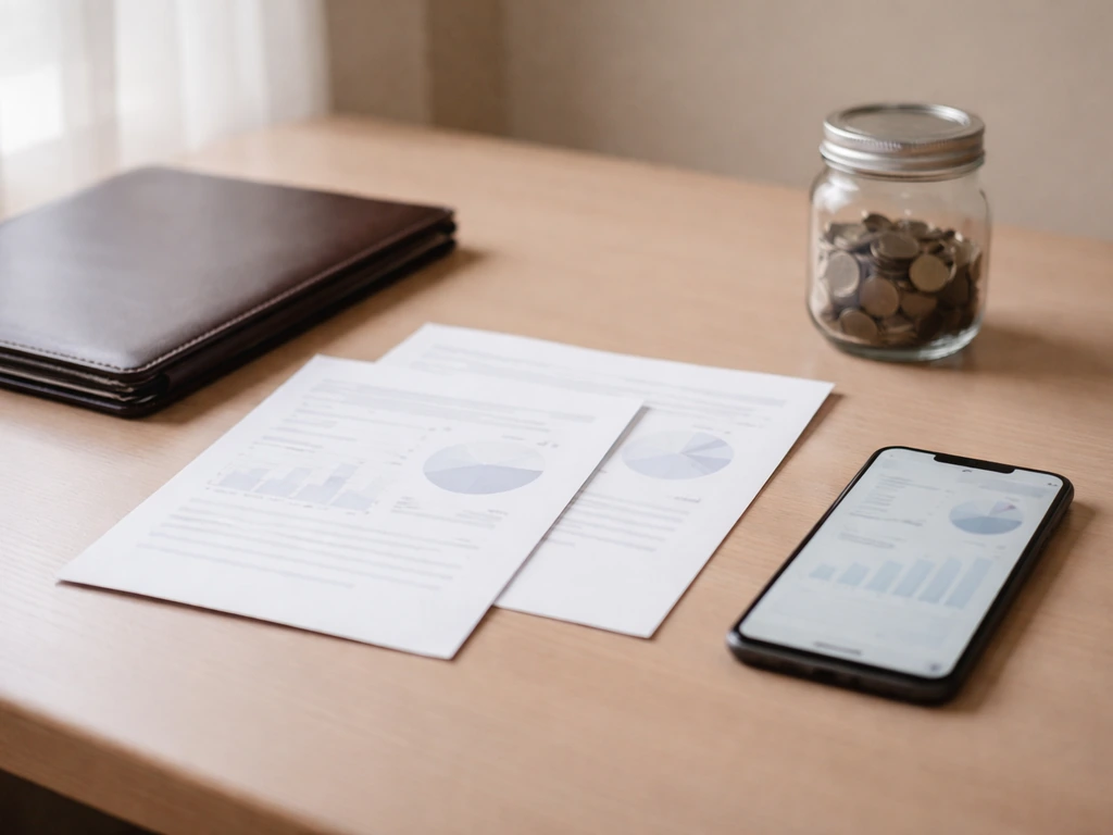 Minimal desk scene with blank investment statements, a portfolio folder, and coins indicating assets vs unknown details.