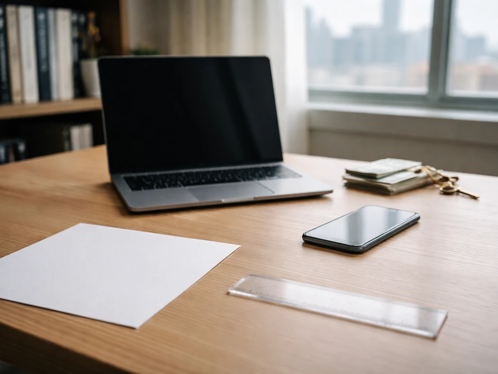 Minimal desk scene with finance analysis cues: laptop, smartphone, and symbolic wealth items in natural light.