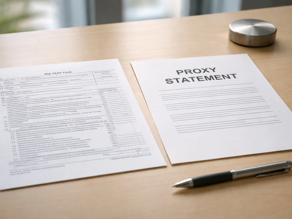 Close-up of an IRS Form 990 document beside a SEC proxy-style paper in a bright office desk setting.