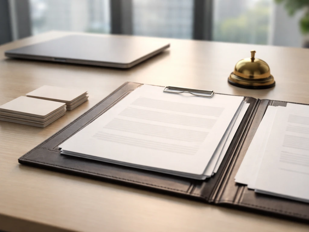 Minimal desk scene with a portfolio, blank documents, and business cards symbolizing board and advisory roles.