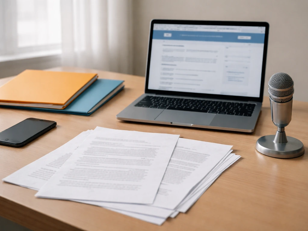Minimal office desk with open laptop and unlabeled documents suggesting verifying claims.
