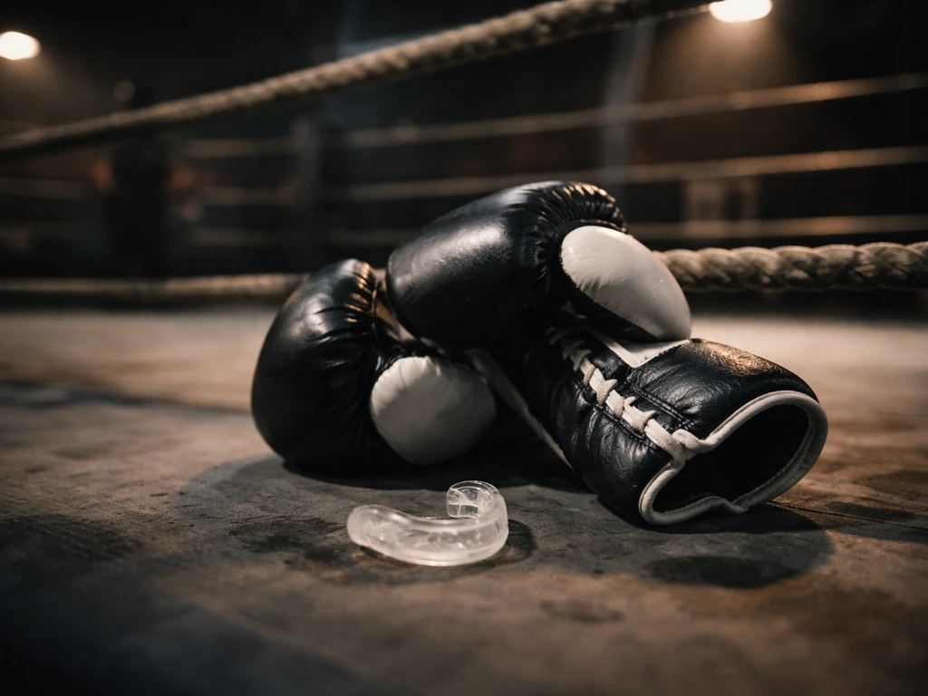 Boxing gloves and mouthguard on a ring floor with faint background motion, symbolic of a pro boxer net worth.