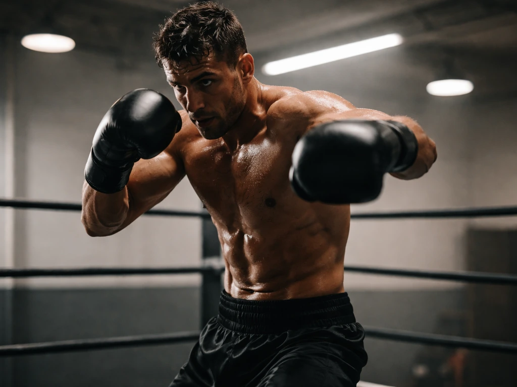 Anonymous boxer in mid-punch inside a simple boxing ring, focused and intense, soft gym lights.