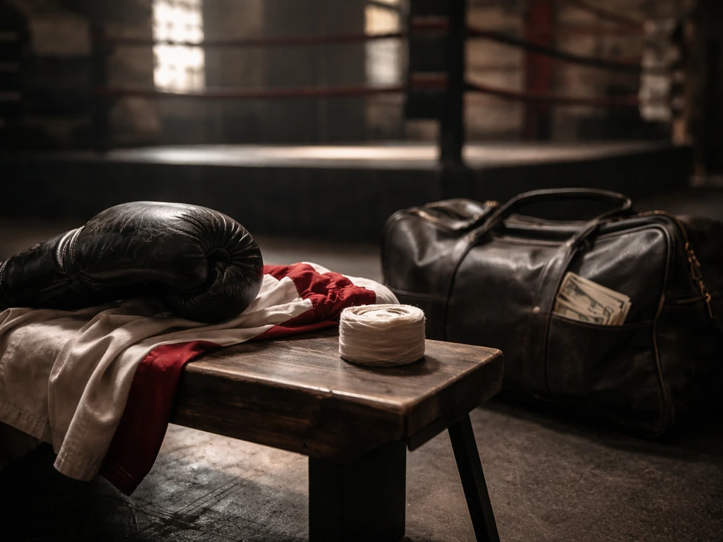 Boxing gym scene with a glove and duffel bag holding cash, symbolizing bout earnings and media income.