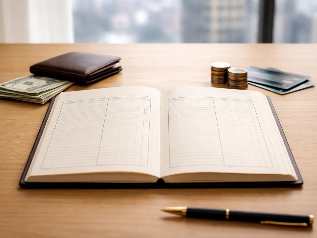 Minimal photo of a money ledger-style spread: cash, a wallet, and a desk notepad suggesting assets and debts.