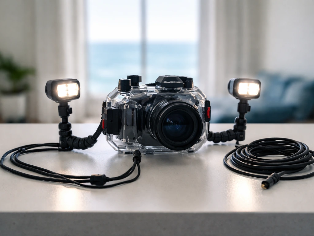 Underwater photography setup with camera housing and lights, suggesting a photographer preparing gear