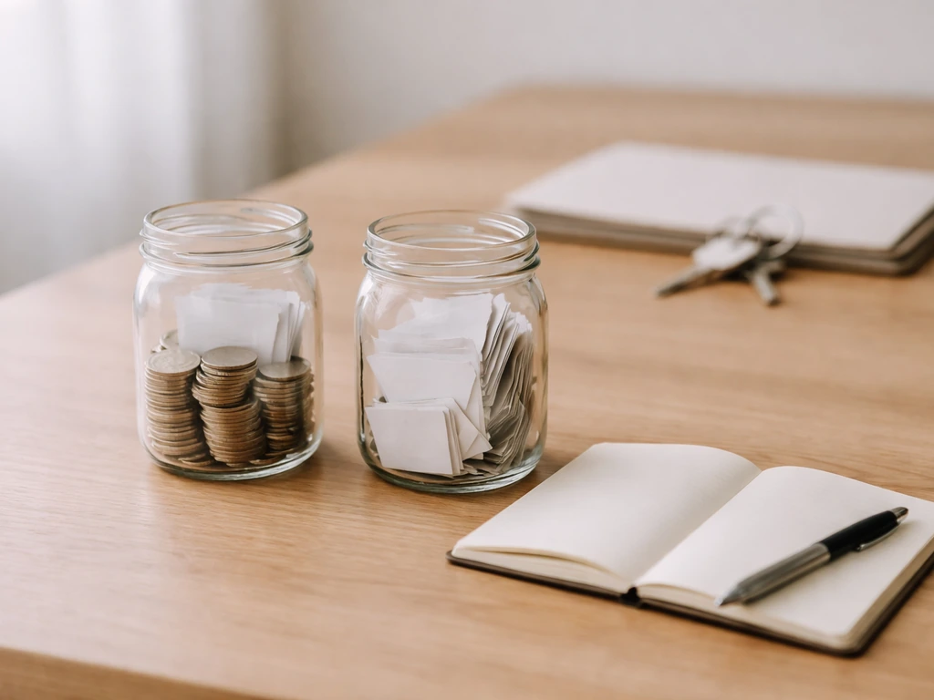 Desk with two unlabeled jars and blank notebook, symbolizing assets vs liabilities and knowable vs guesswork.