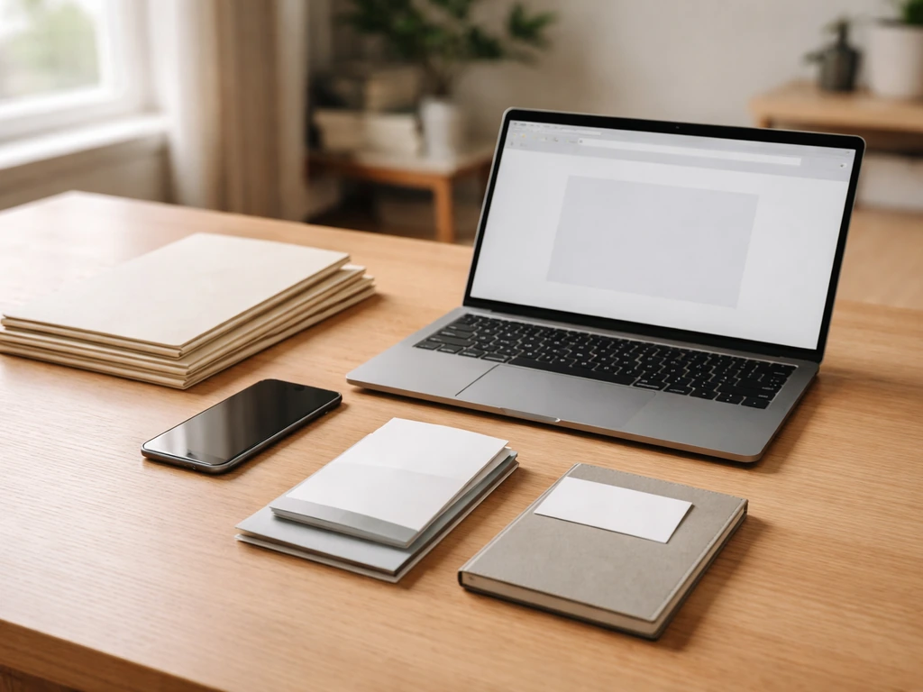 Minimal desk with laptop and blank documents suggesting verification of public records and source triage.