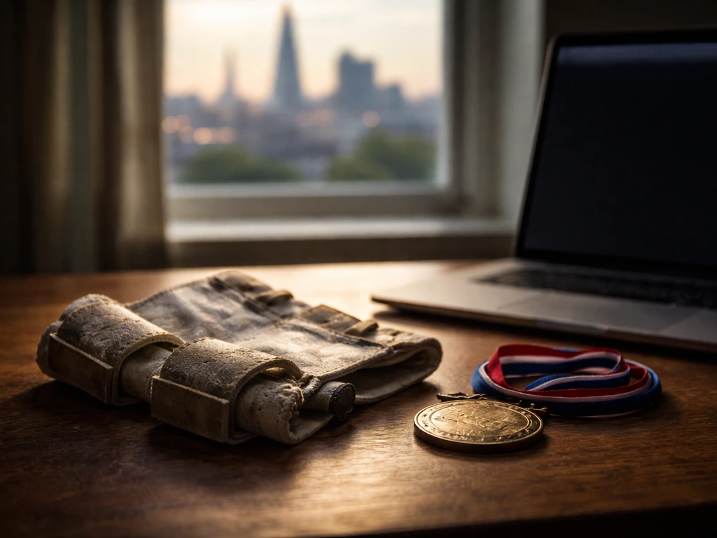 Gymmedal and gymnastics grips on a desk with an open laptop and blurred city window behind.
