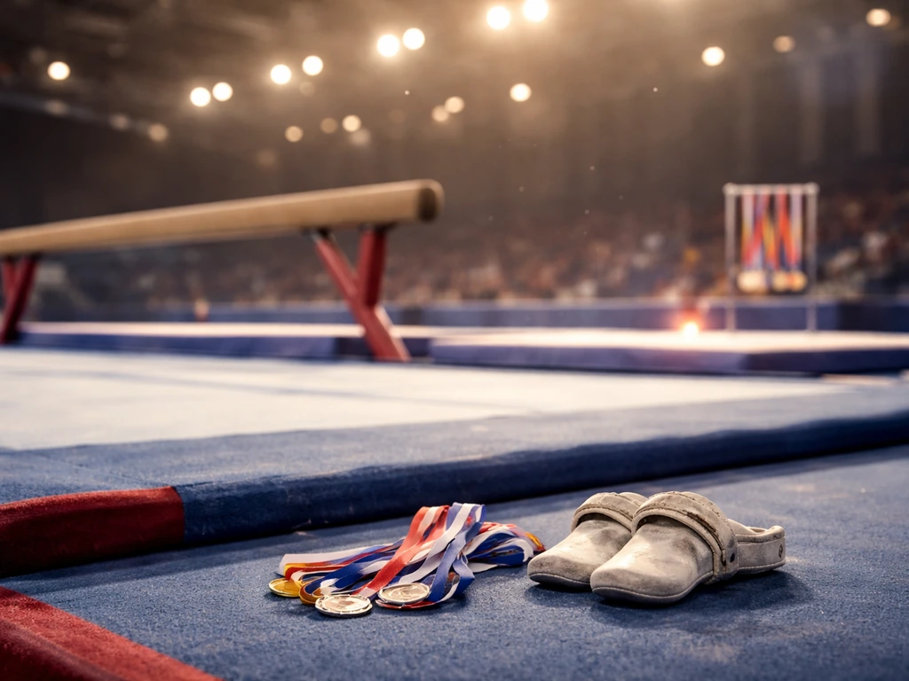 Gymnastics arena details: balance beam and floor with ribbons and sports grips, symbolizing career prize money.
