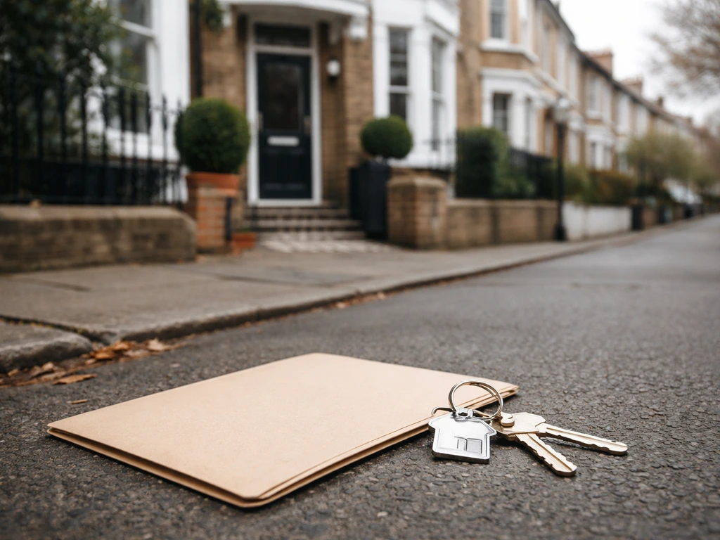 UK home exterior in a quiet street with house keys and an unmarked folder in the foreground.