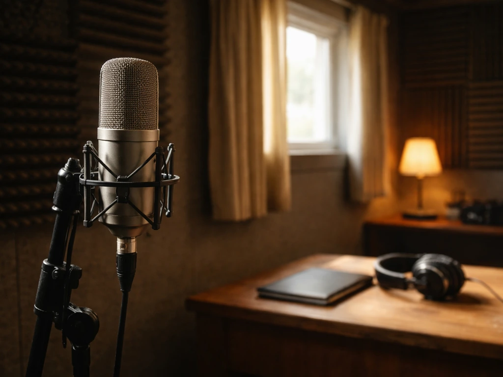 Minimal photo showing a studio microphone and a vintage-style music room to evoke a Motown singer context