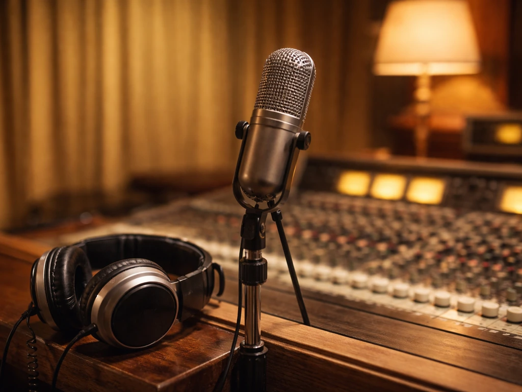 Vintage recording studio microphone and headphones symbolizing early 1960s Motown music era.