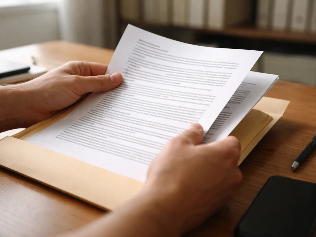 Hands reviewing public-record documents in a folder beside a smartphone in a quiet office setting