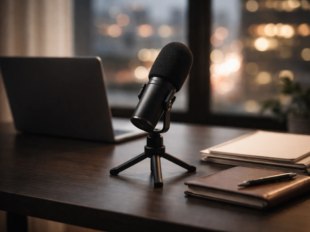 Minimal studio desk scene with microphone and soft lighting, symbolizing media profiling and verification