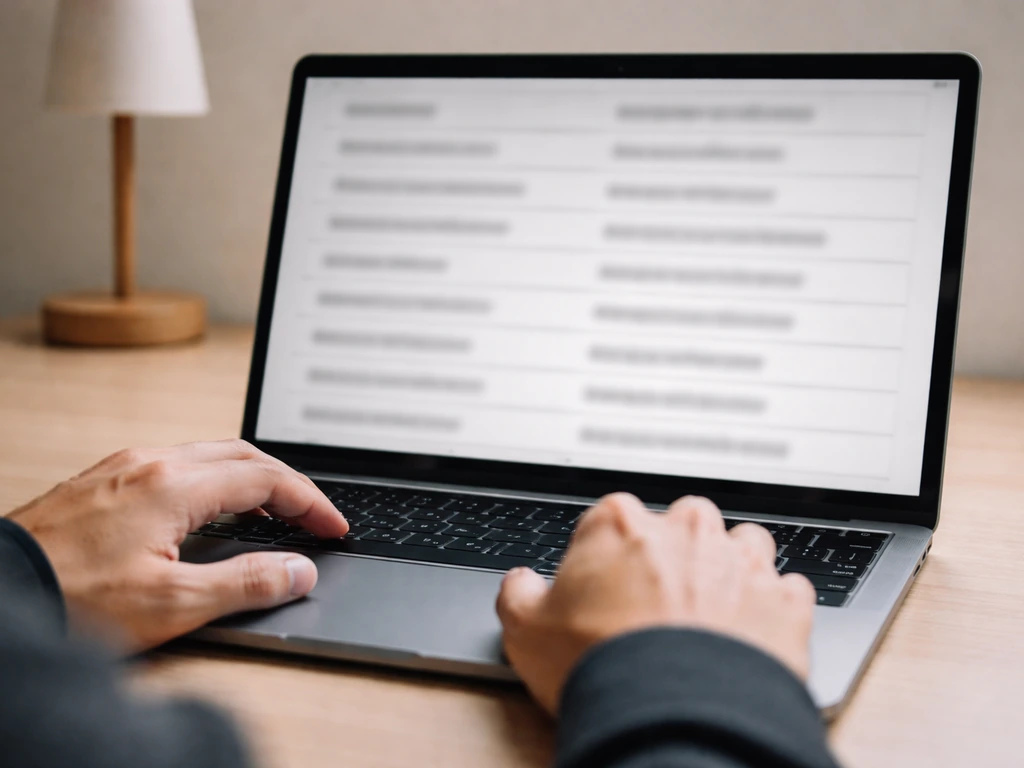 Anonymous hands hover over a laptop showing a blurred disambiguation list of multiple identities.