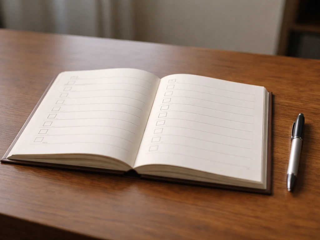 Minimal desk scene with an open blank ledger showing empty checkboxes for verified vs unverified asset claims.