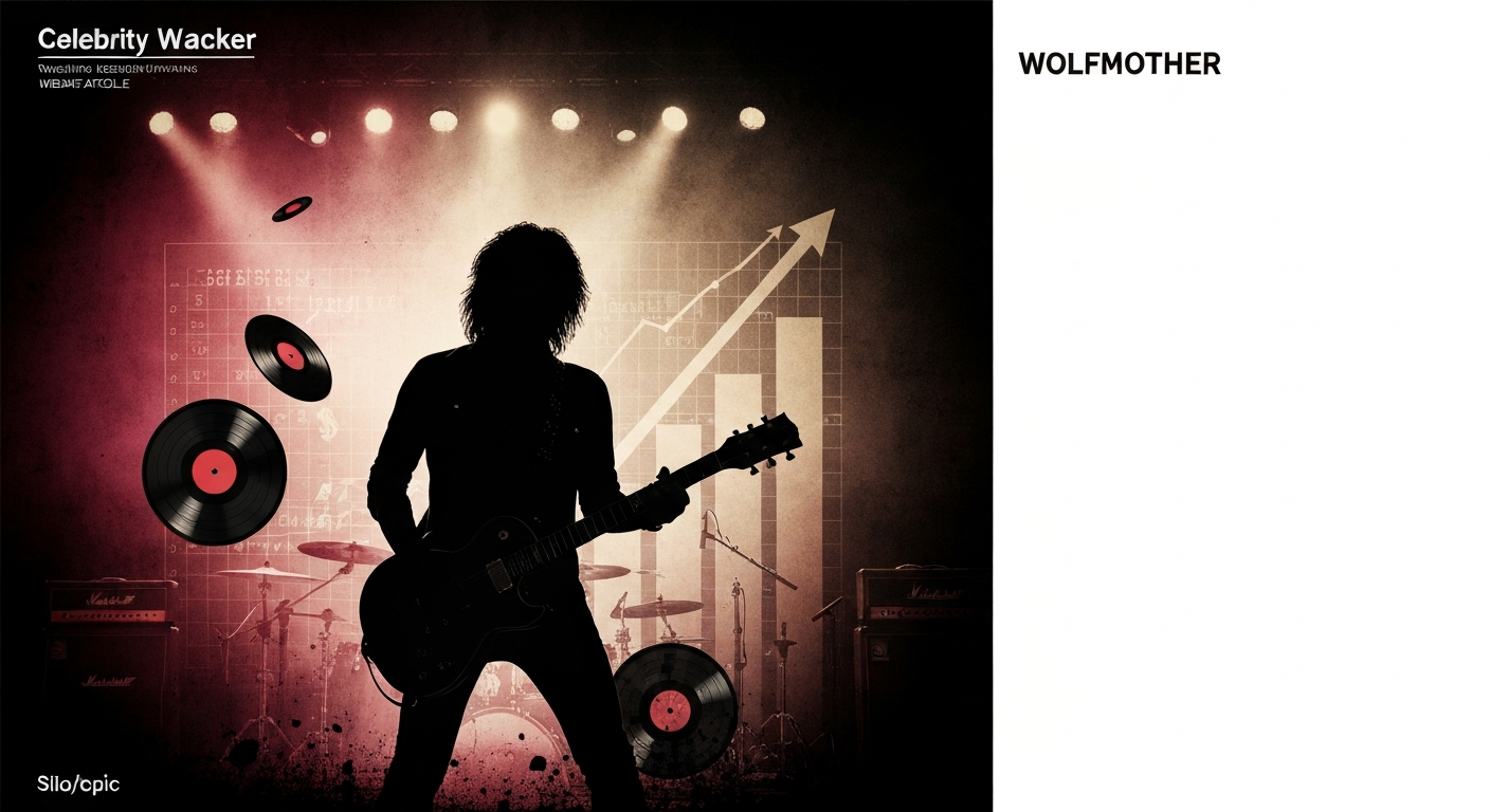Stylized illustration of a rock frontman silhouette with vinyl records, dollar symbols, and ledger-style graphs indicating band net worth.