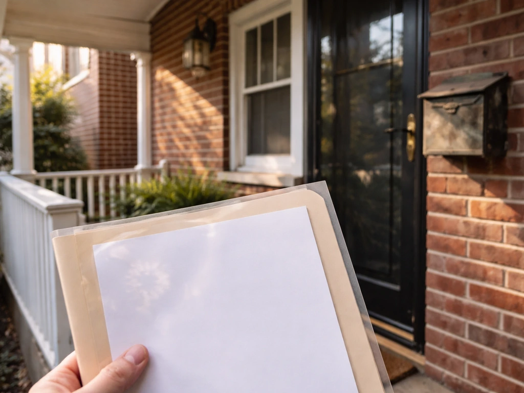 Close-up of a New York home exterior with plain paper cues suggesting public property records.