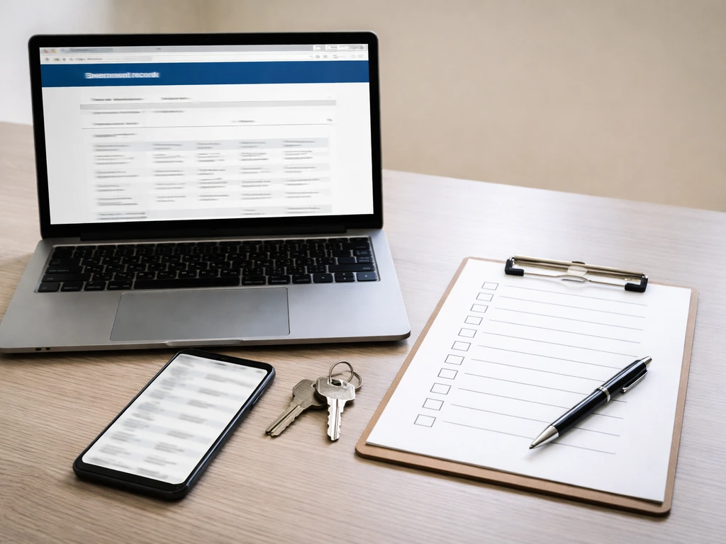 Minimal desk scene with laptop, smartphone, and checklist beside property-record style pages.
