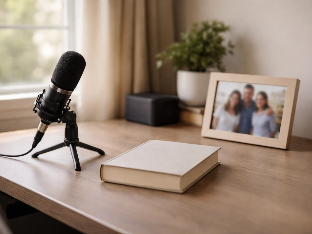 Minimal home studio desk with a microphone and books, symbolizing a reality-TV public profile.