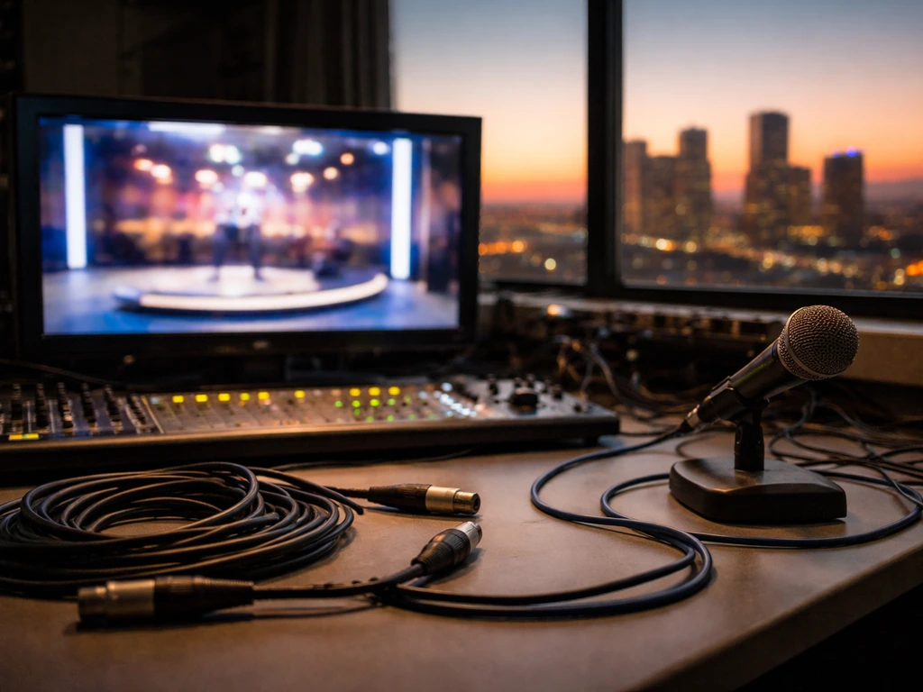 Minimal TV studio desk with broadcast monitor and microphone, suggesting media and public net-worth speculation.