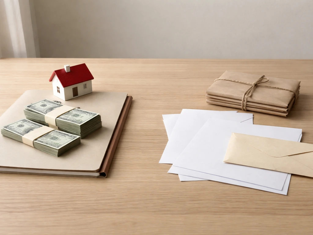 Minimal desk scene with a small house key, cash, investment folder, and loan-like documents separated to show assets vs