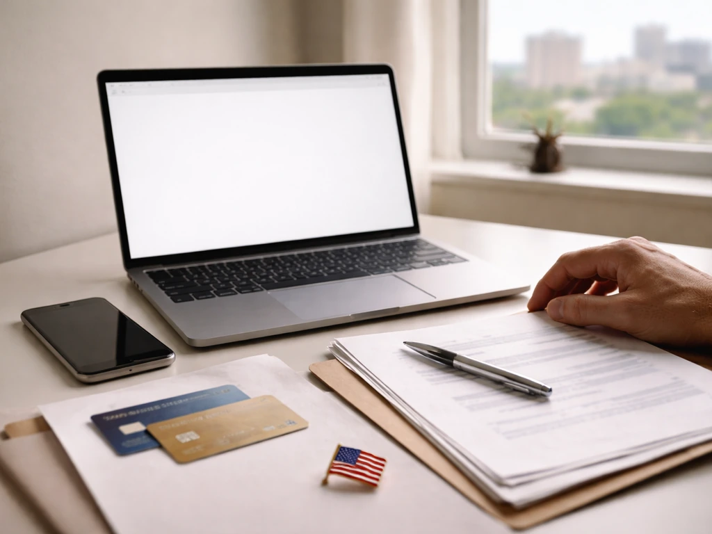 Minimal office desk with laptop and documents under natural light, suggesting business registry verification.