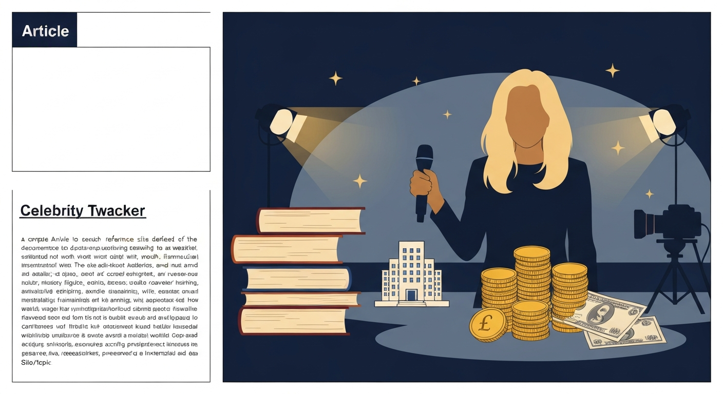 Editorial illustration: silhouette of a female presenter with a microphone, surrounded by books, pound coins, a small office-building icon and a TV studio backdrop; space for headline.