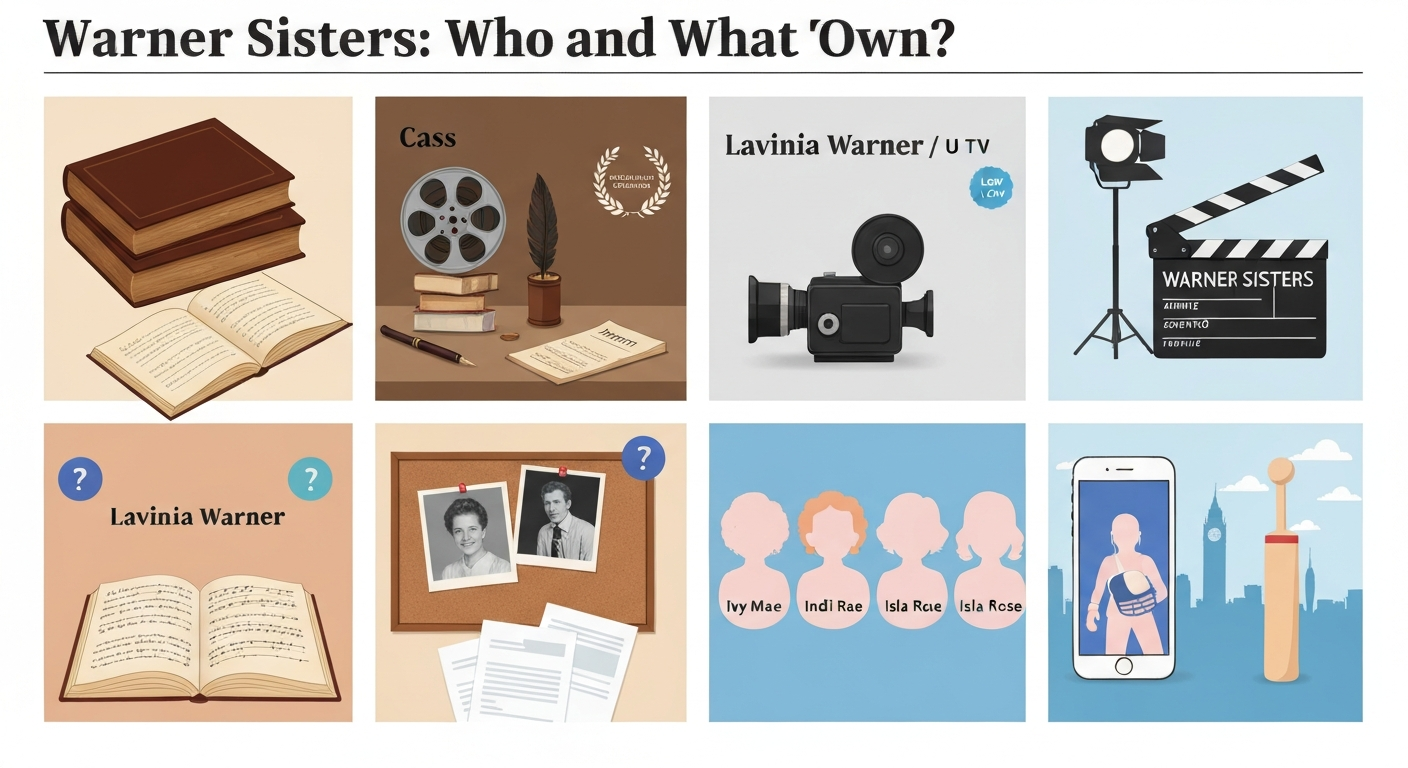 Editorial four-panel illustration: vintage books and hymn sheet for the 19th‑century Warner sisters; an indie documentary workspace for Cass Warner; a UK TV production scene for Lavinia Warner; and a smartphone social‑media profile for David Warner’s daughters, with small infographic badges about net‑worth confidence.