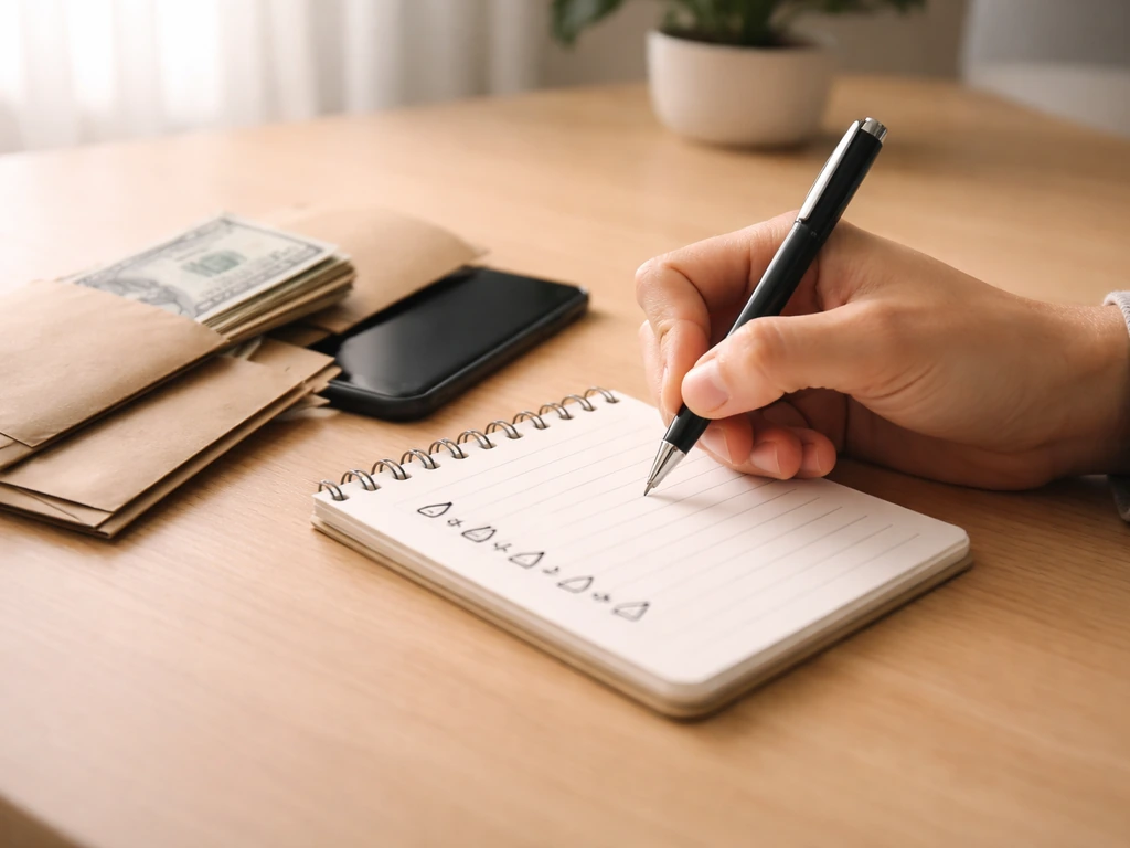 Minimal desk scene with an unlabeled checklist and scattered cash envelopes representing net worth includes vs excludes.