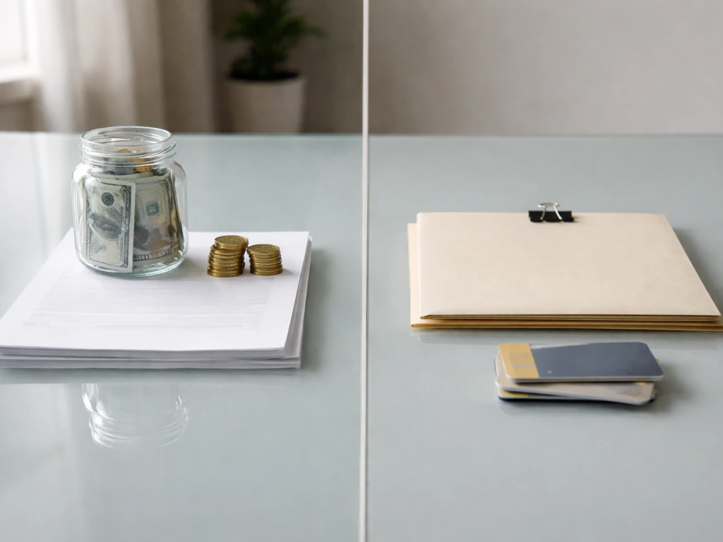 Minimal office tabletop split showing assets (cash/coins) on one side and liabilities (envelope/folder) on the other.