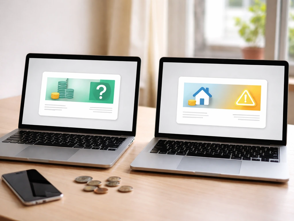 Minimal desk scene with two open laptops showing mismatched net-worth style cards and uncertainty icons